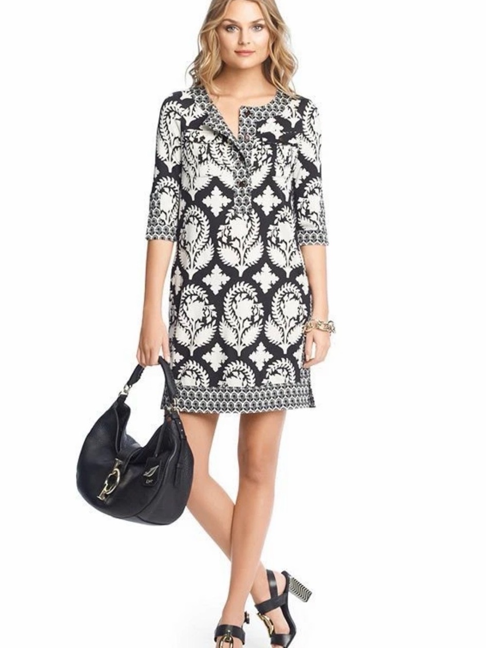 DIANE VON FURSTENBERG 100% silk black white floral Sadie Short Mini dress size 2